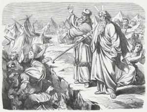 So they got away from the homes of Korah, Dathan, and Abiram on every side, and Dathan and Abiram came out and stationed themselves in the entrances of their tents with their wives, their children, and their toddlers. Then Moses said, This is how you will know that the Lord has sent me to do all these works, for I have not done them of my own will. If these men die a natural death, or if they share the fate of all men, then the Lord has not sent me. But if the Lord does something entirely new, and the earth opens its mouth and swallows them up along with all that they have, and they go down alive to the grave, then you will know that these men have despised the Lord! When he had finished speaking all these words, the ground that was under them split open,  and the earth opened its mouth and swallowed them, along with their households, and all Korahs men, and all their goods. They and all that they had went down alive into the pit, and the earth closed over them. So they perished from among the community. (Numbers, Chapter 16, 27-33). Woodcut after a drawing by Julius Schnorr von Carolsfeld (German painter, 1794 - 1872) from the 